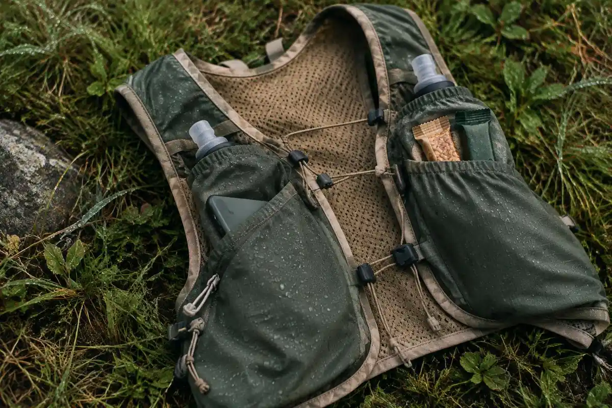 Light vest packed with a tiny shell, snack bars and a tarp