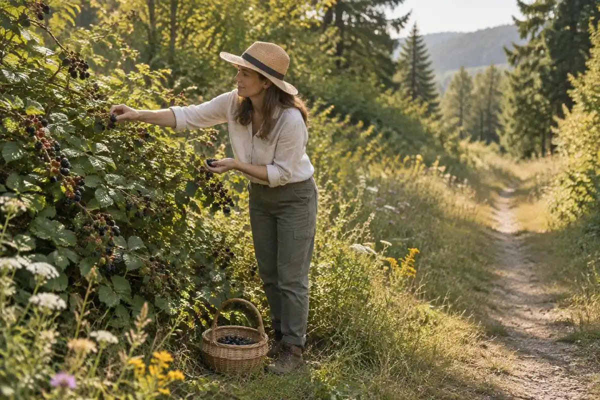 Hiker gathering blackberries at a sunny hedge on a woodland trail edge with a basket