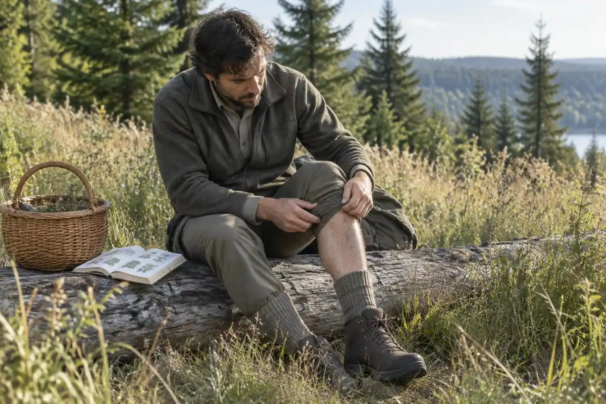 Forager checking legs and socks for ticks after brushing through tall grass