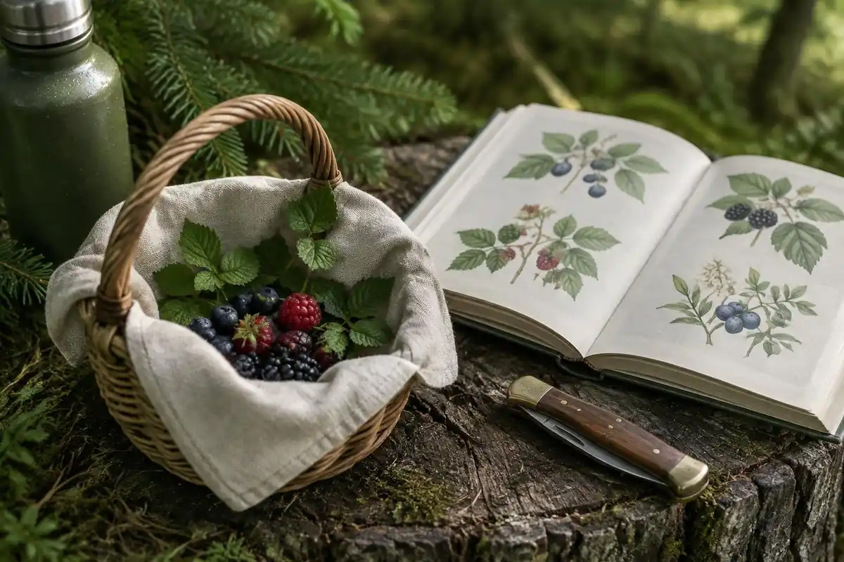 Cloth-lined basket with wild berries and a paper field guide on a stump