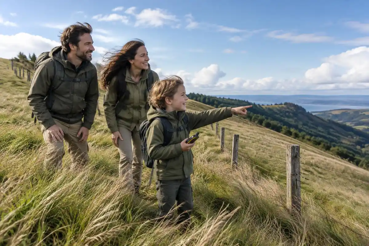 Family looking at a handheld GPS device beside a fence line on a grassy hillside