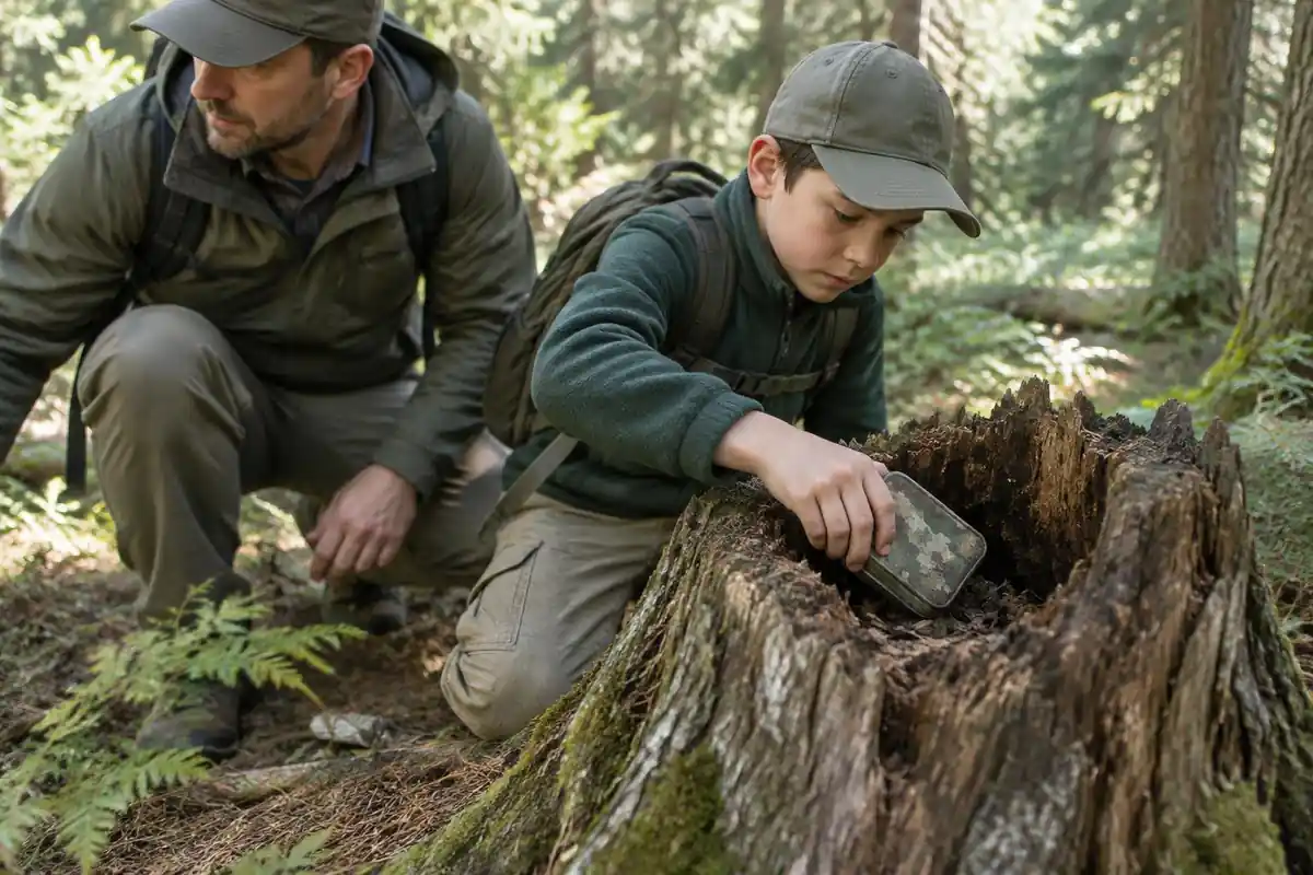 Child reaching a hand into a small hollow stump to retrieve a small container