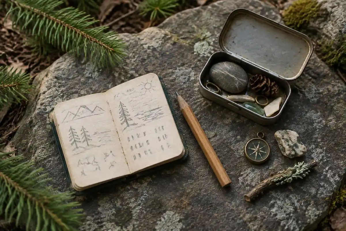 Small logbook, pencil and trinkets spread on a flat stone beside a small tin