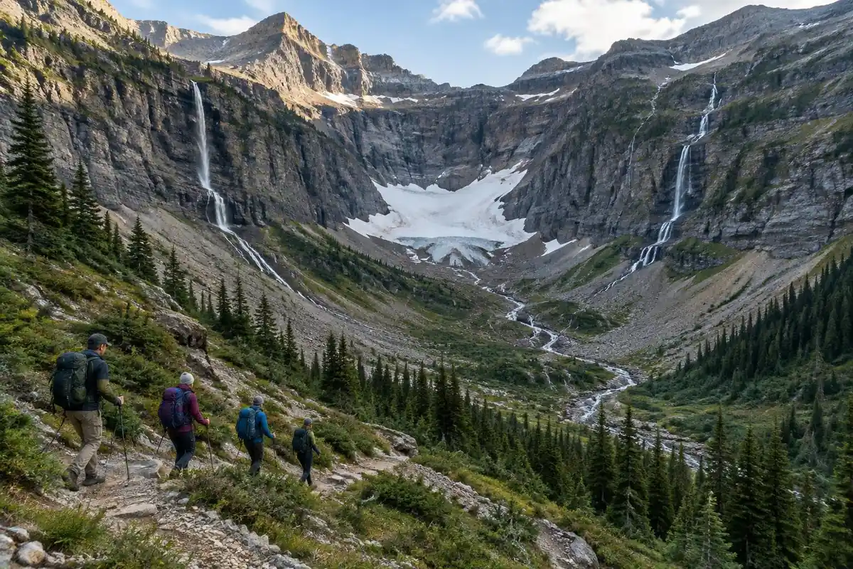 Alpine pass with a glacier-carved cirque and a small snowfield