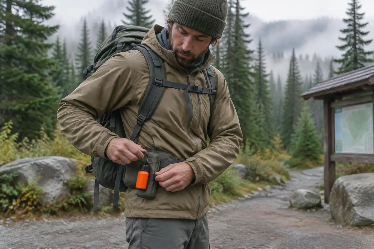 Hiker clipping a bear spray canister to a pack hip belt at a trailhead