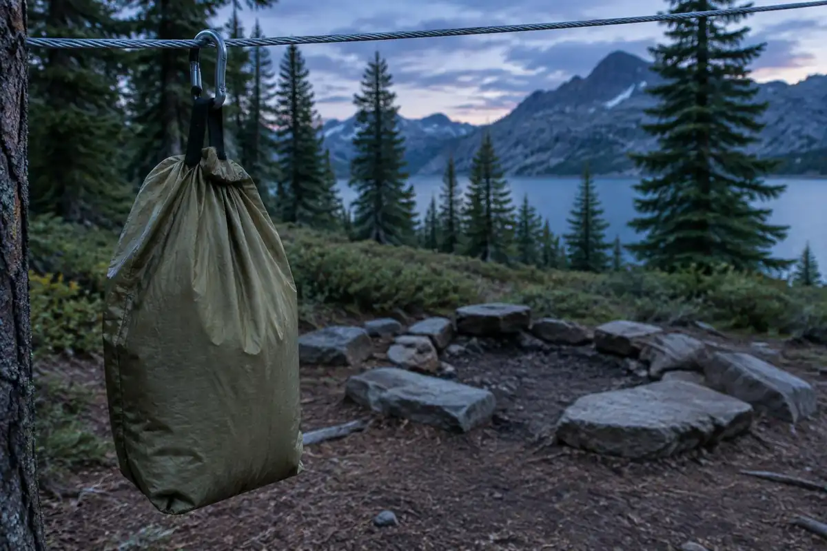 Cable-strung food storage pole and a bag hanging at a backcountry campsite
