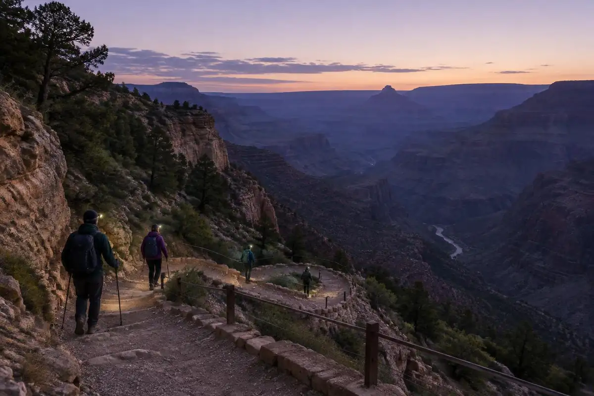 Pre-dawn hikers with headlamps starting down a rim trail as the sky pales