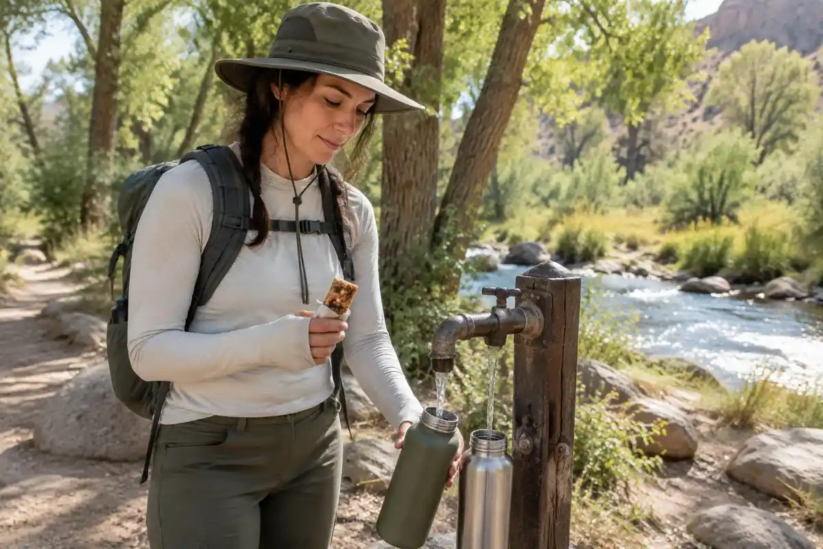 Hiker refilling bottles at a trailside water station in a shady canyon bottom