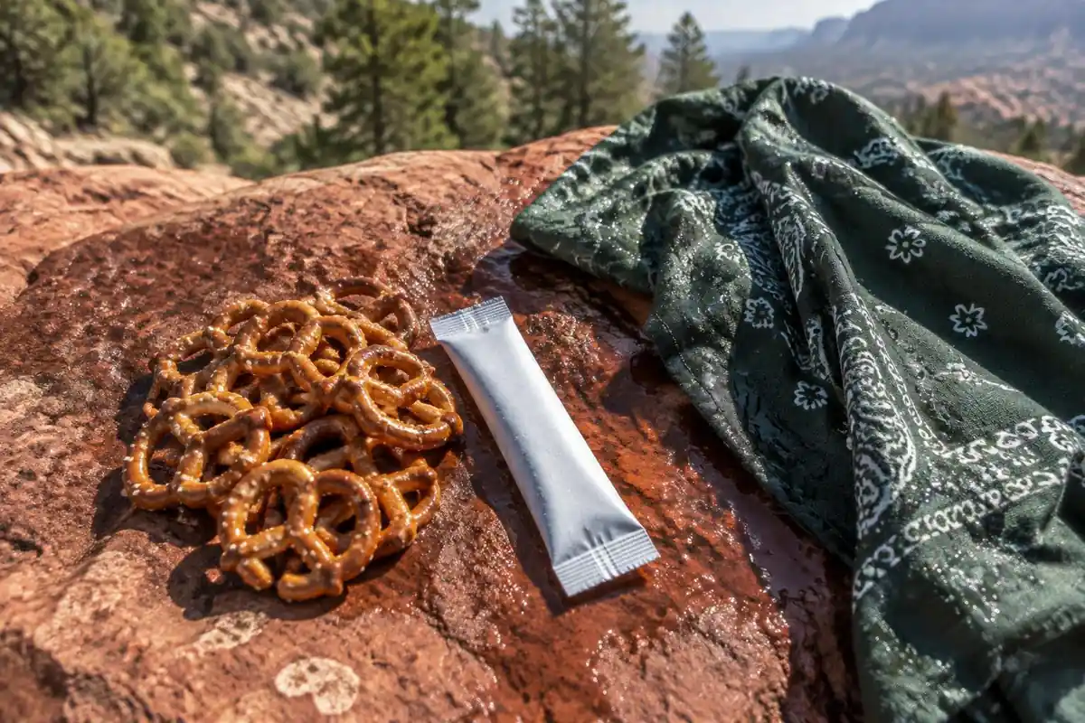 Salty snacks, an electrolyte packet and a wet bandana on a canyon boulder