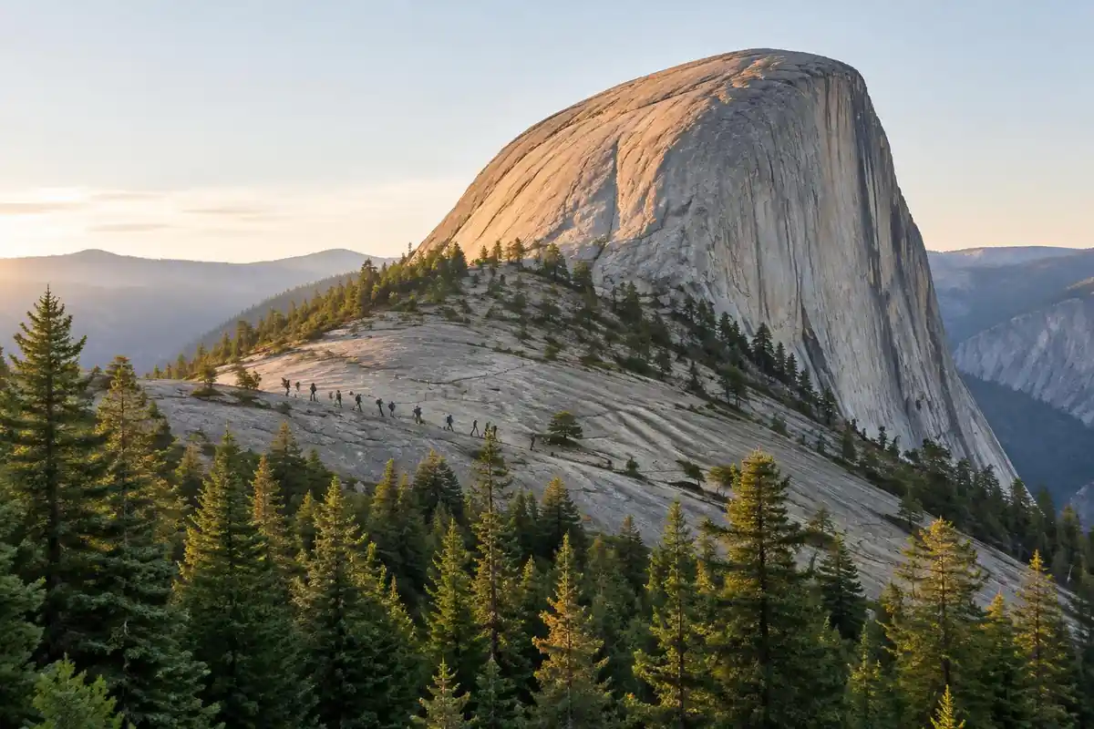 Huge granite dome in early morning with a line of hikers far below on slabs