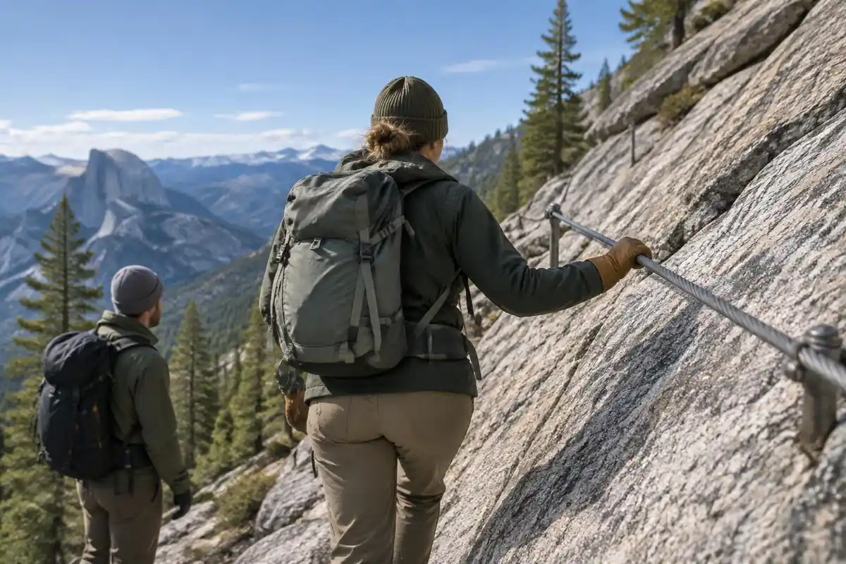Hiker in work gloves gripping a steel cable on a steep granite slab