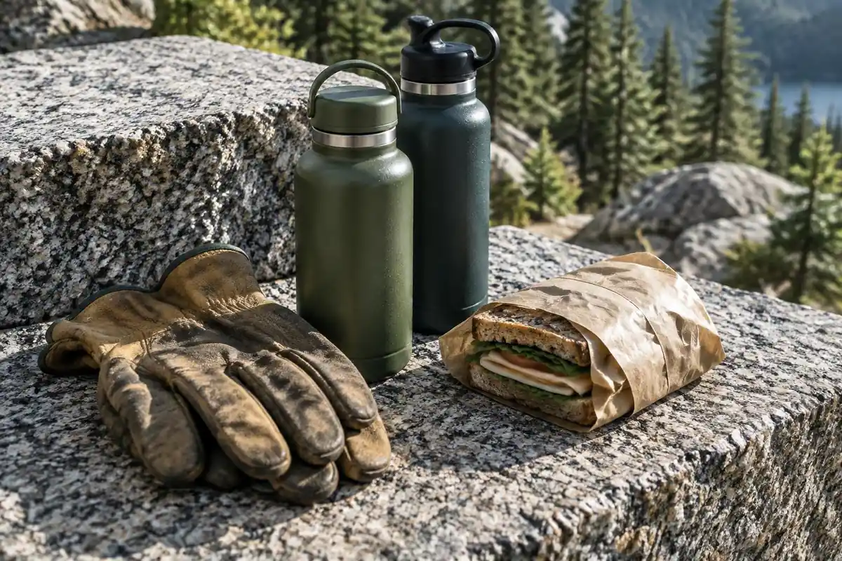 Gloves, water bottles and a peanut-butter sandwich on a granite step