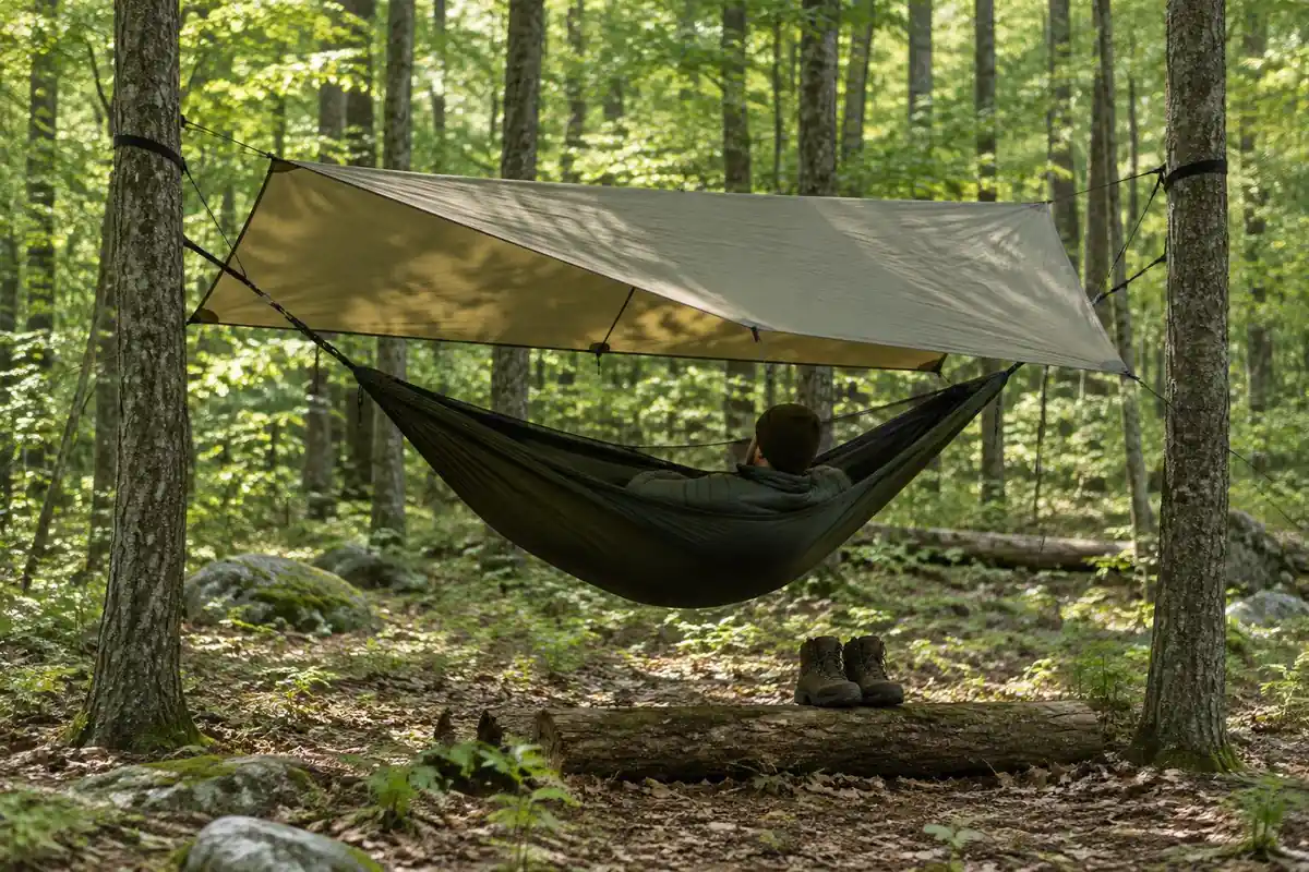 Hammock hung between two straight trees in a green forest with a rain tarp above