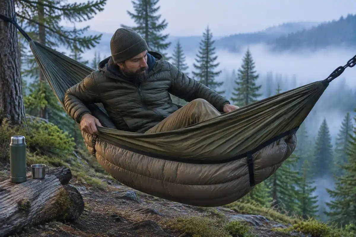 Person settling into a hammock with a quilt hanging underneath at dawn