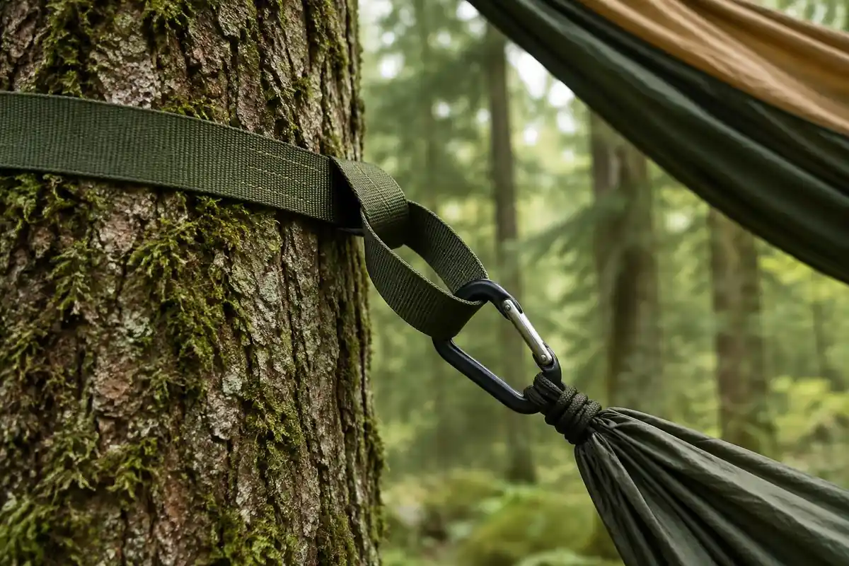Wide tree-friendly straps wrapped around a trunk with a knot-free buckle