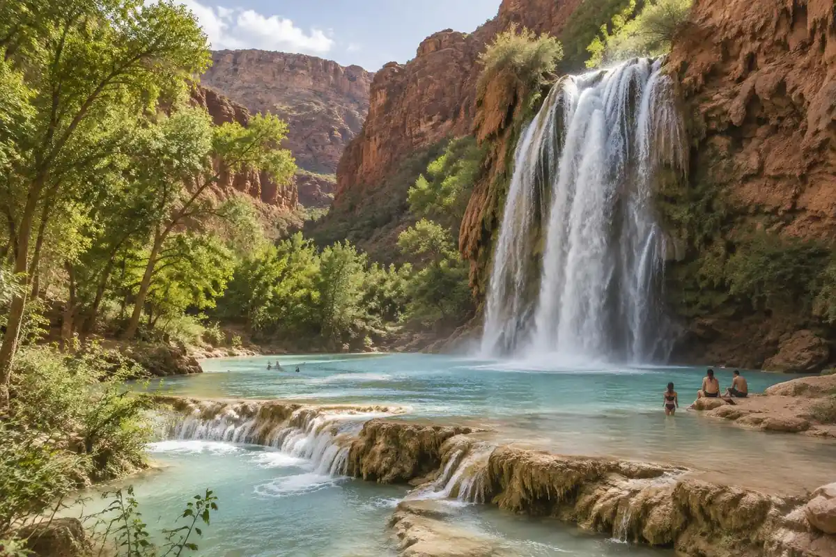 Turquoise travertine pools with a waterfall spilling into a red canyon