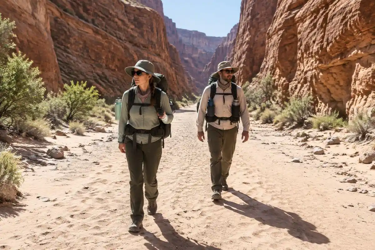 Backpackers on a sandy wash trail between tall red walls carrying heavy water