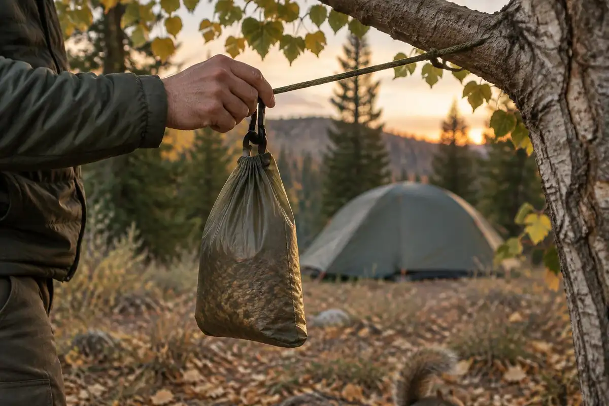 Hand hooking a sealed food bag onto a hanging cord away from the tent
