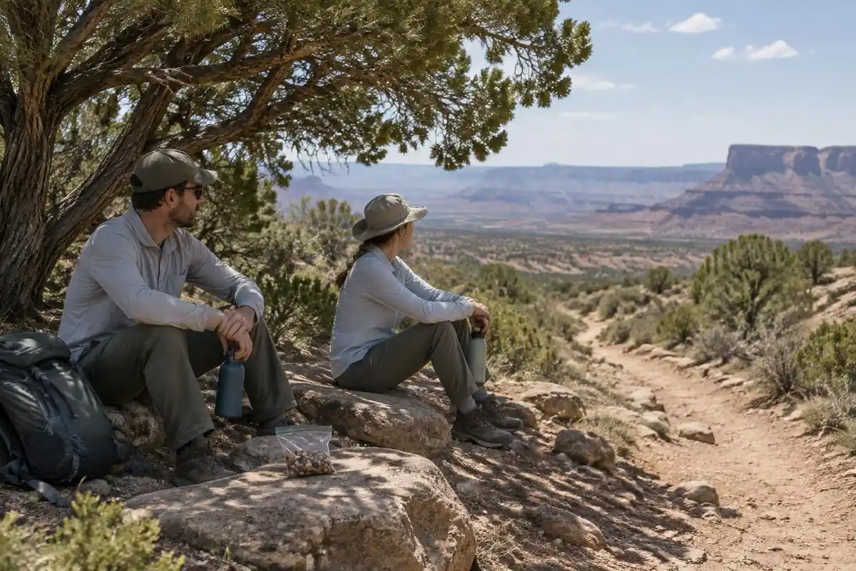 Two hikers rest in thin shade beside a dusty desert trail with water bottles