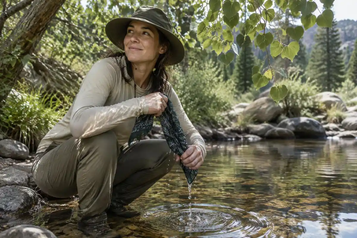 A hiker soaks a bandana in a creek pool and drapes it over their neck
