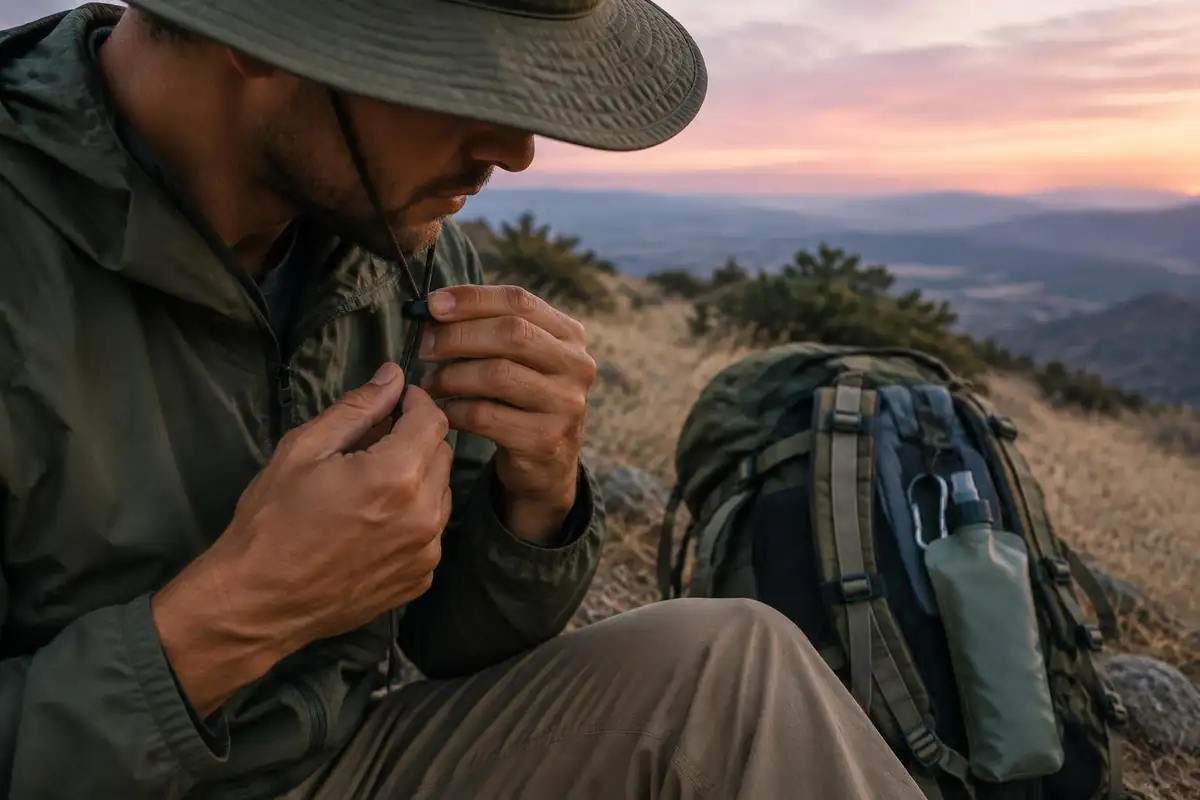 Tanned hands tighten a hat cord beside a parked pack under a pink dawn sky