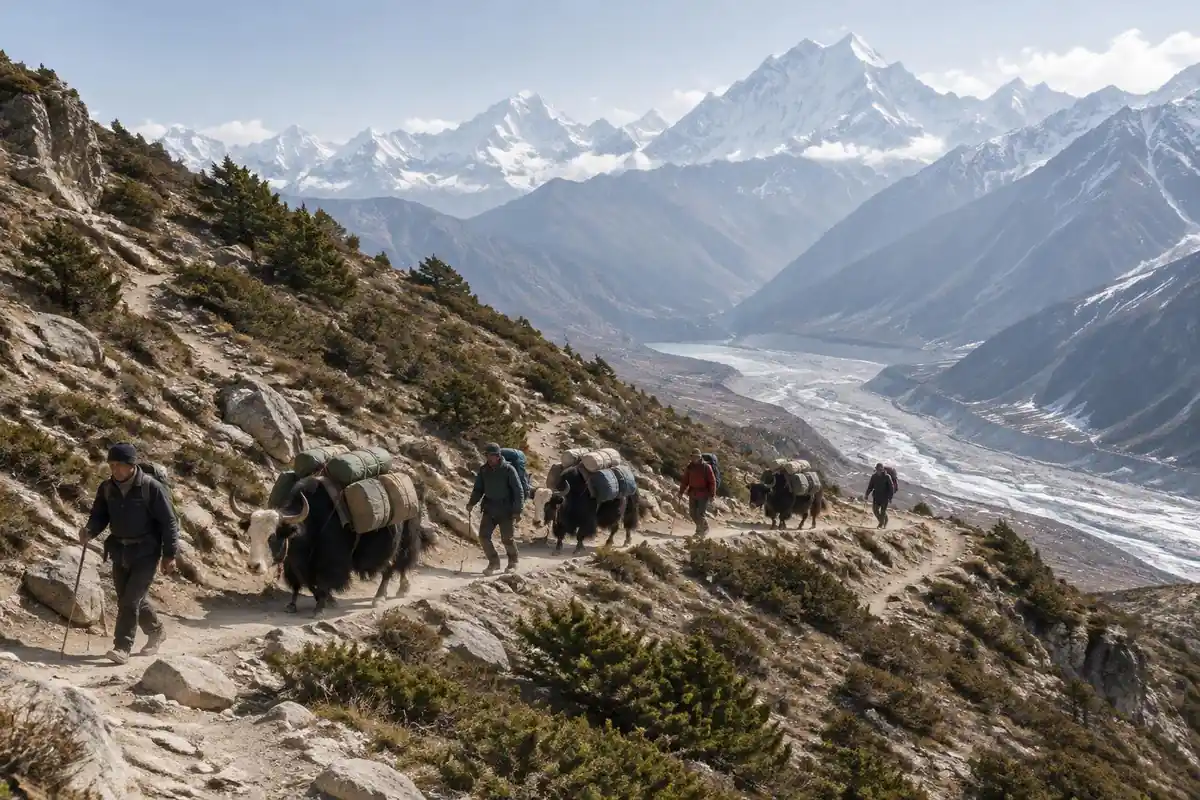 Line of trekkers and pack animals on a switchback above a glacial valley