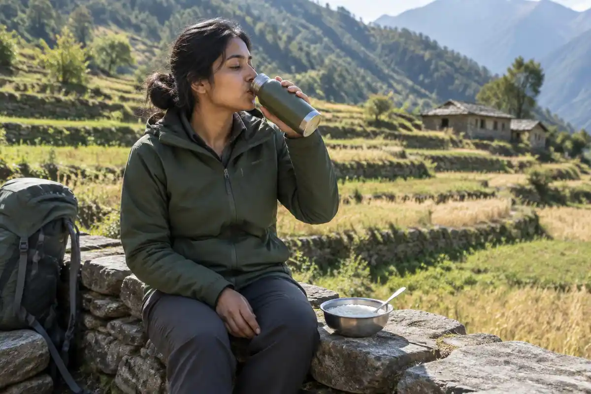 Trekker sipping from an insulated bottle while pausing on a stone wall at a small village