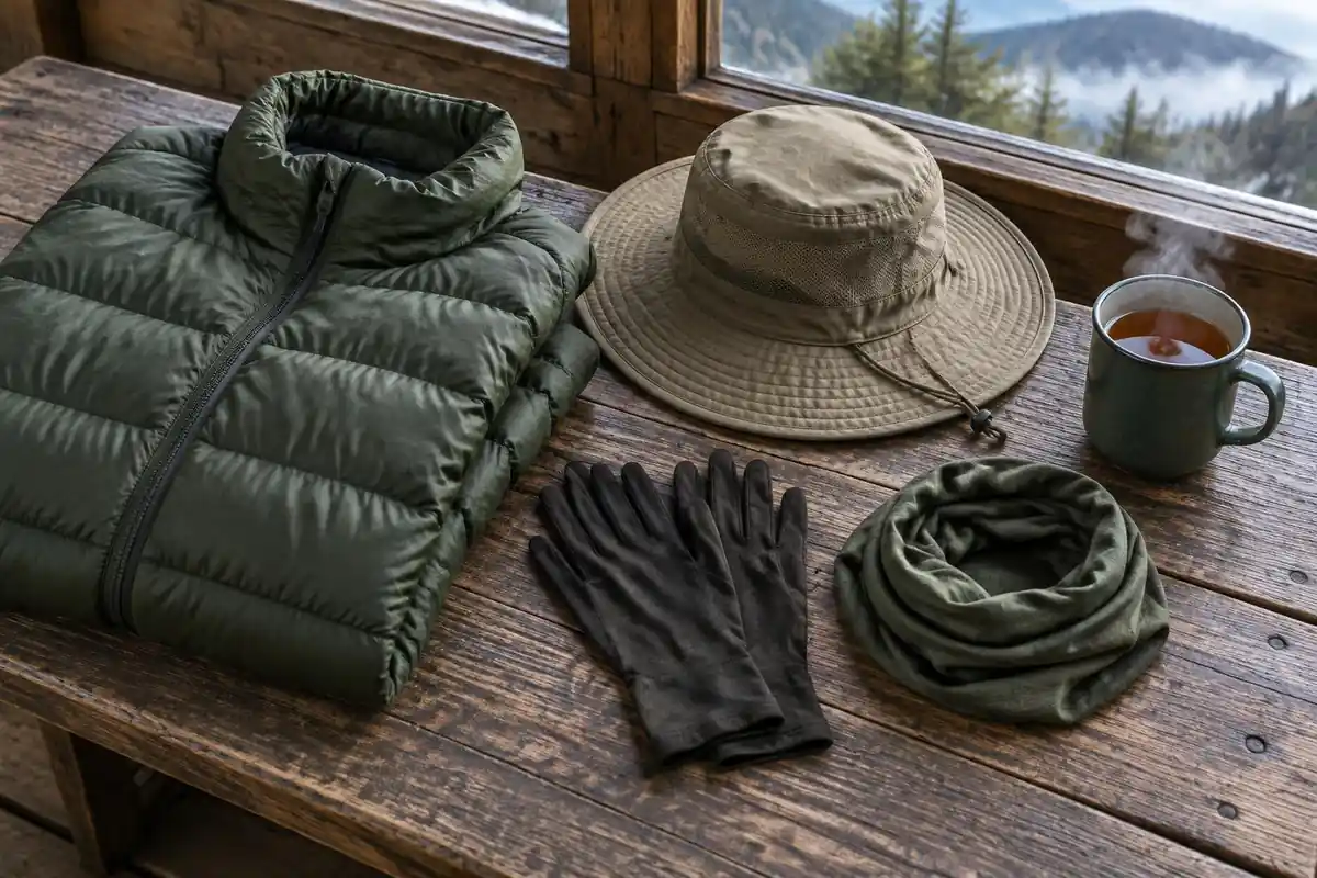 Down jacket, sun hat and lightweight gloves laid out on a wooden bench