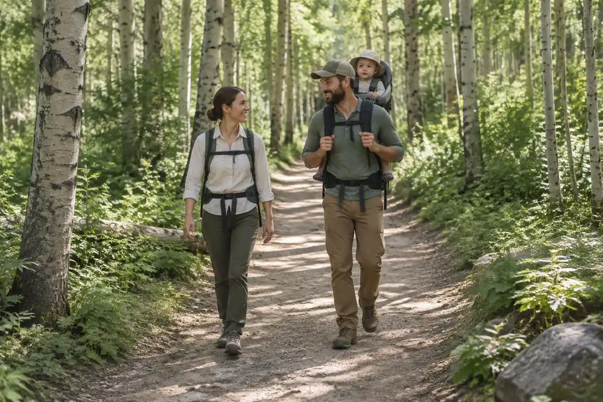 Parents walking a wide, flat trail through a shady meadow with a carrier
