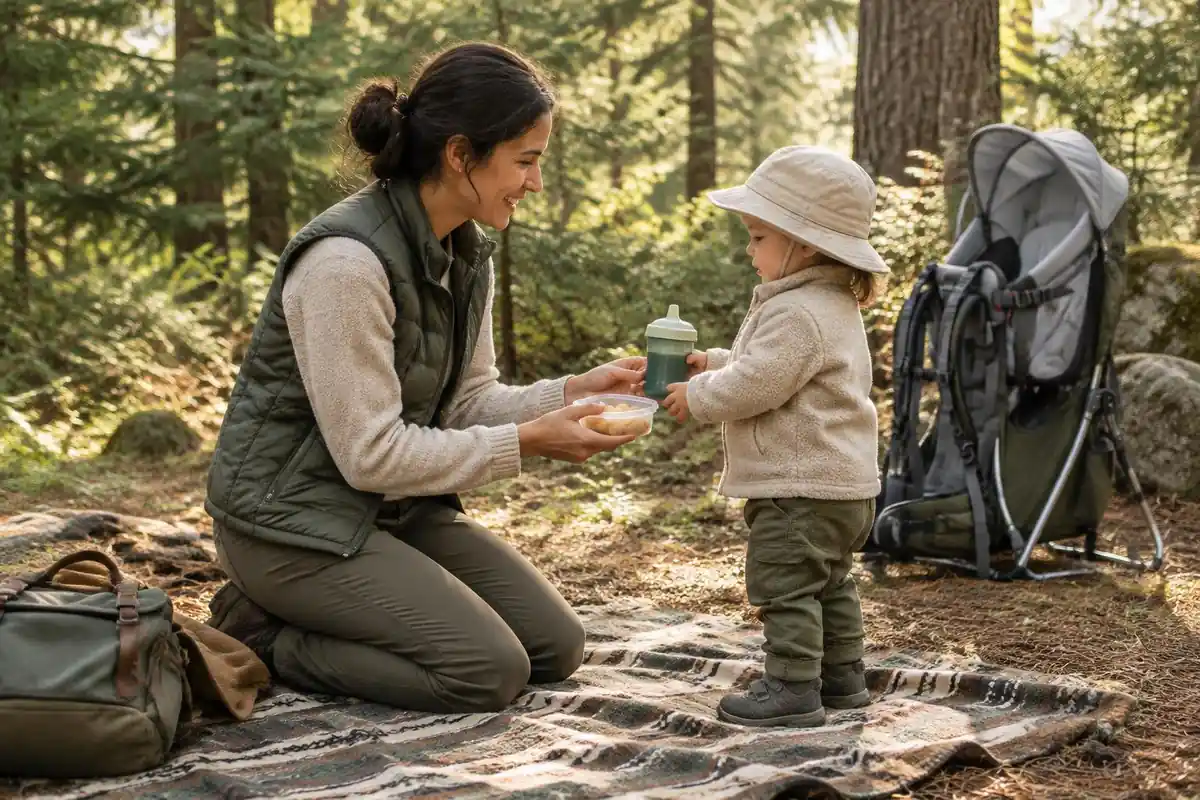 Mother sharing a snack with a toddler on a blanket in a shady clearing
