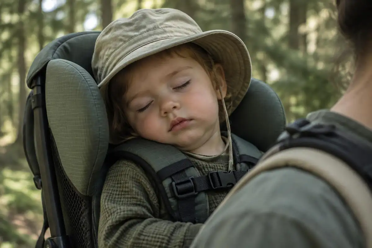 Carrier harness buckles and padded head support clipped around a sleeping toddler