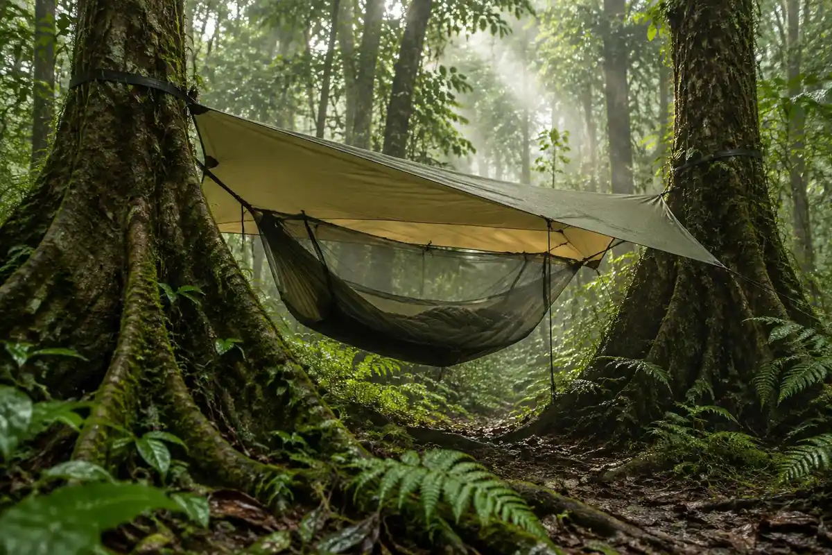 Hammock and mosquito net strung under giant tree ferns in humid rainforest