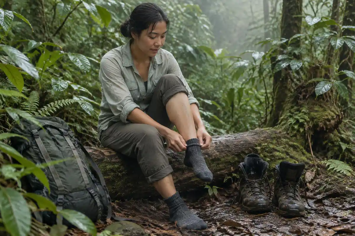 Trekker changing into dry socks on a log while boots hang to air