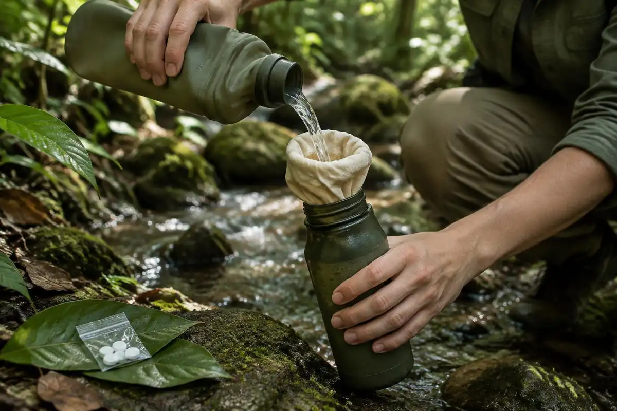 Hand pouring treated water through a cloth into a bottle beside a creek