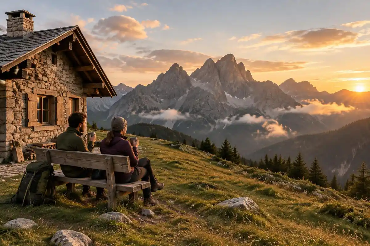 Two hikers sip from mugs on a bench outside a stone hut on a col