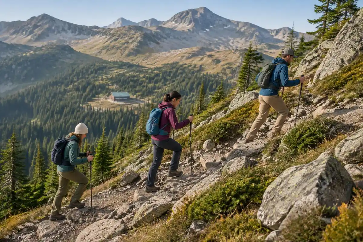 Hikers with poles climbing a zigzag path above pine treeline in morning light
