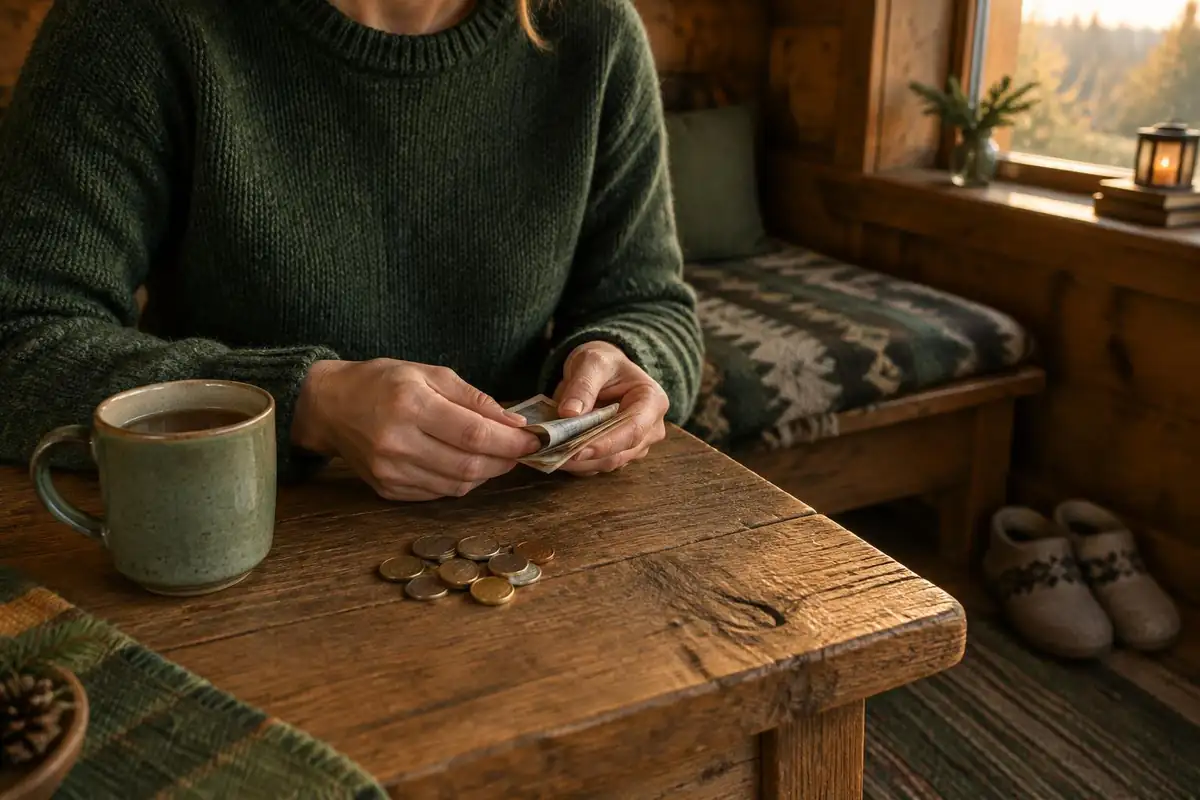 Hands count a few notes and coins beside a mug of tea on a hut table