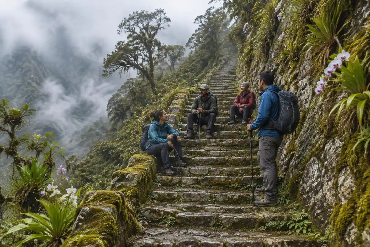 Ancient stone staircase climbing through cloud forest with a hiker group