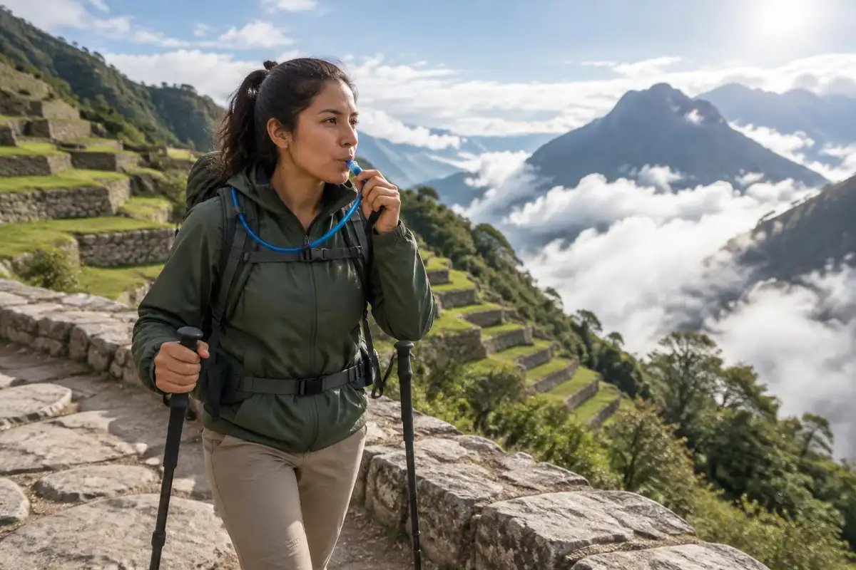 Trekker sipping from a hydration bladder tube on a stone terrace with valley below