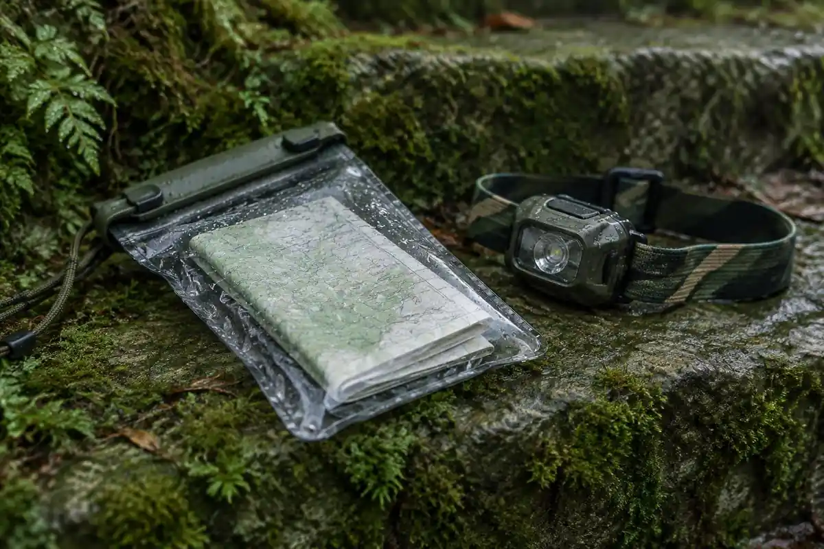 Waterproof pouch with a printed permit sleeve and headlamp on a mossy step