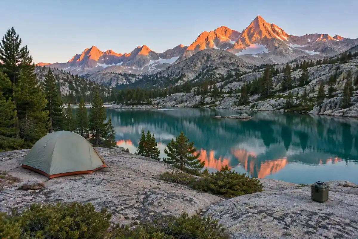 Granite basin with turquoise lake and a hiker's camp setup on bare rock at dusk