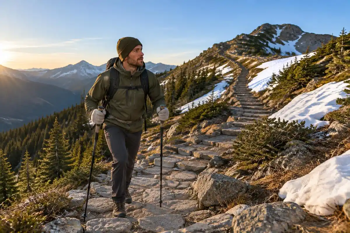 Hiker climbing a rocky switchback toward a high pass with early morning snow