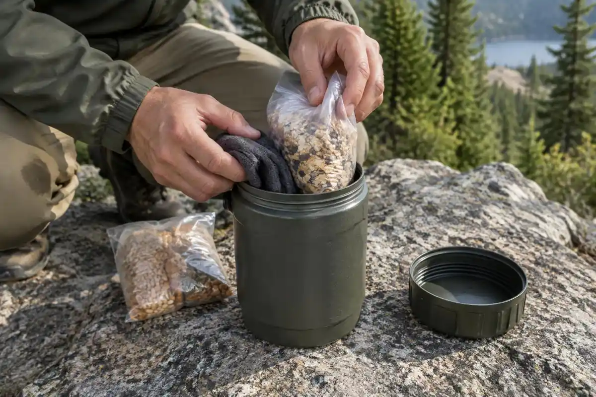Hands packing food bags into a barrel-shaped hard canister on a flat rock
