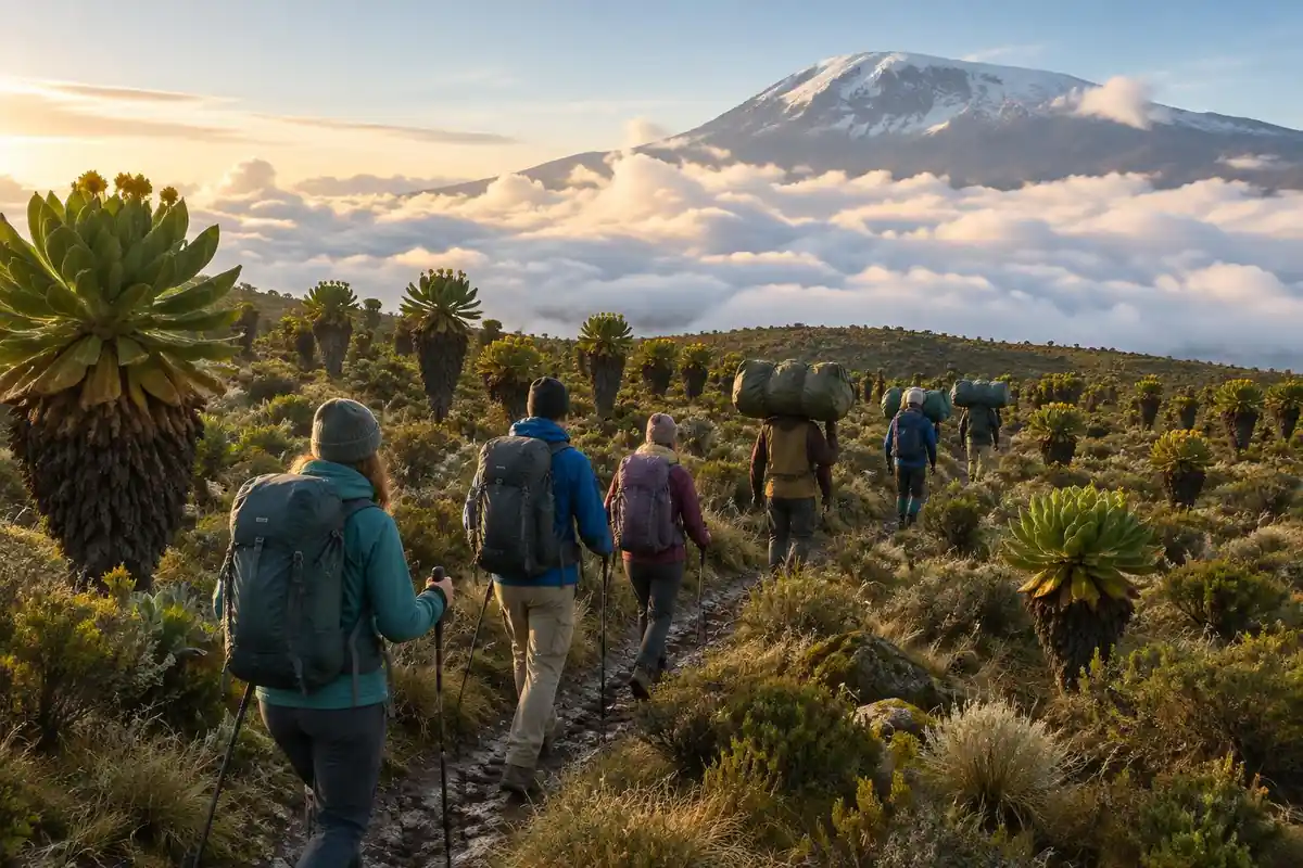 Line of trekkers walking through moorland with giant lobelia and a snowy summit above