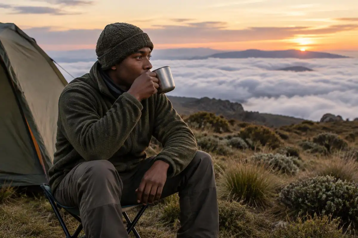 Trekker drinking hot tea from a metal cup at a camp in the early evening