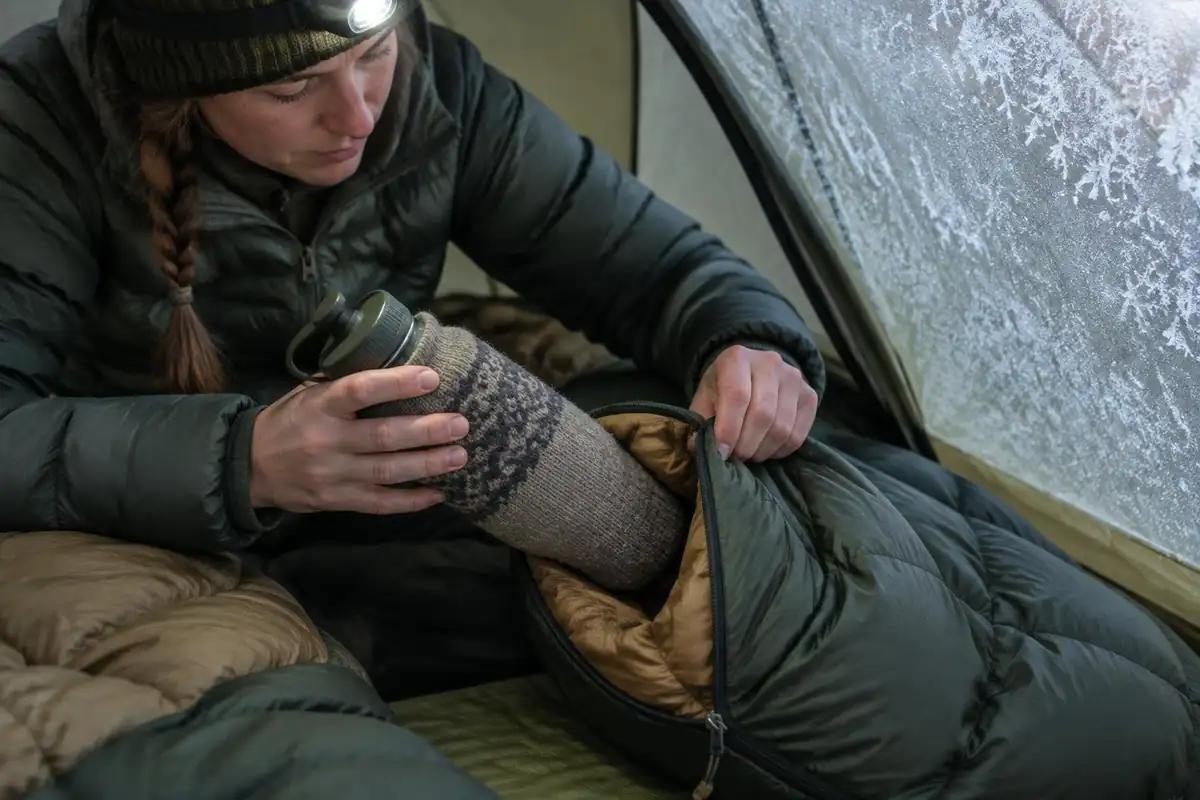 Hands stuffing a warm bottle into a sleeping bag foot box