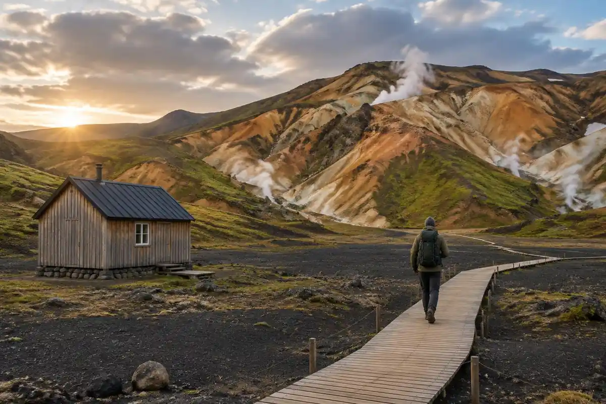 Colorful rhyolite mountains with steaming vents and a wooden hut