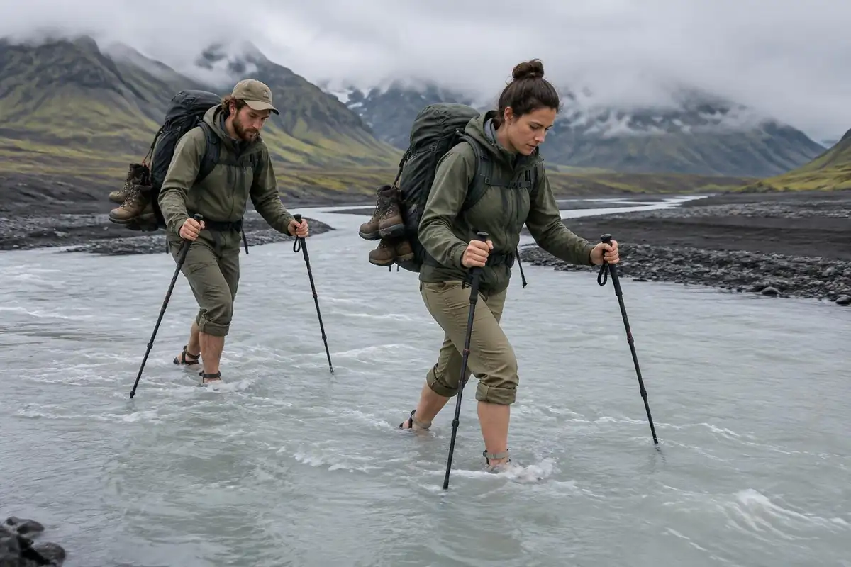 Hikers crossing a cold glacial river in camp sandals holding poles