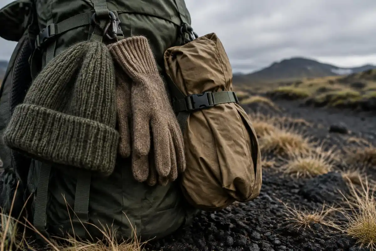 Wool hat, gloves and shell clipped to a pack on black volcanic gravel
