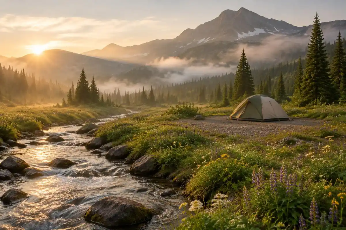 A small tent pitched on a durable gravel pad beside a stream, far from the water